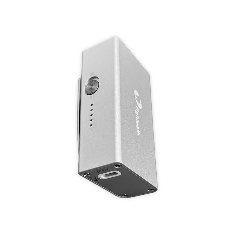 Silver electronic device with a brand logo on a white background