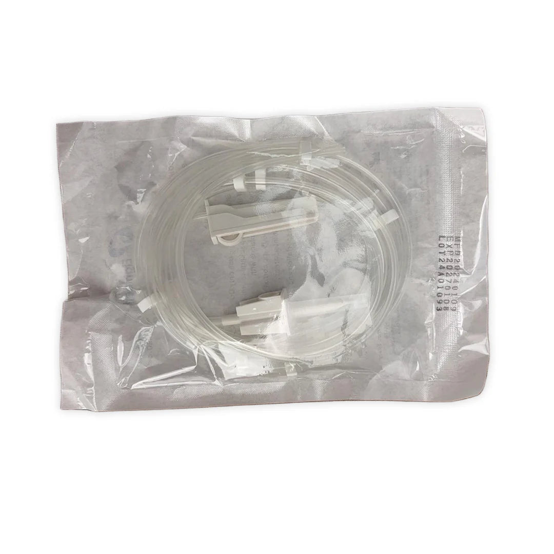 Clear plastic tubing in a transparent packaging on a white background